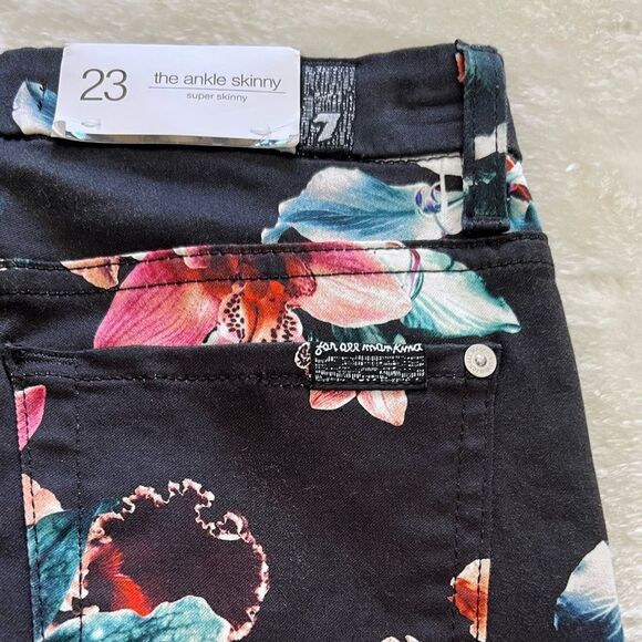 7 For All Mankind Tropical Floral Print Skinny Jeans Black - Picture 6 of 8